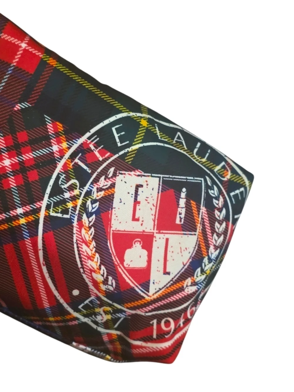 Estee Lauder Plaid Preppy Lined Cosmetic Pouch with Gold Zipper Trim